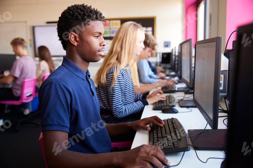 Preview: Line Of Teenage High School Students Studying In Computer Class