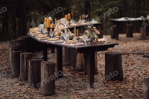 Preview: Beautifully designed wedding table in the forest