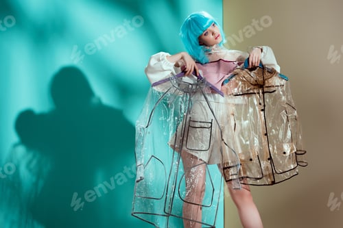 Preview: pretty stylish girl in blue wig holding hangers with transparent raincoats