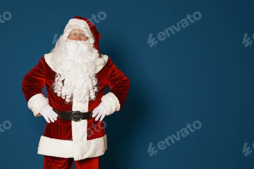 Preview: Authentic Santa Claus on blue background. Space for text