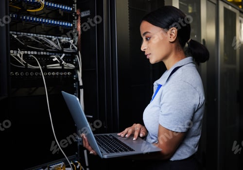 Preview: Engineer, laptop database and woman in server room for software update or maintenance at night. Cyb