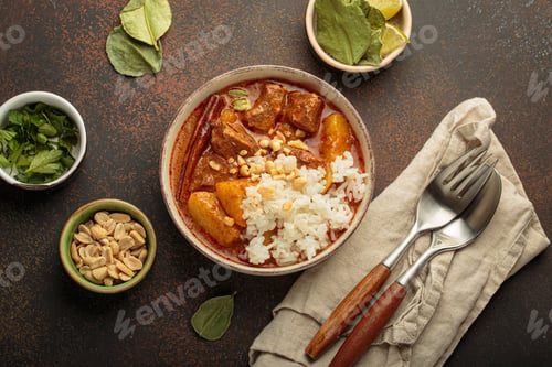 Preview: Delicious massaman curry with beef, potatoes, rice, and peanuts is served in bowl top view, Thai