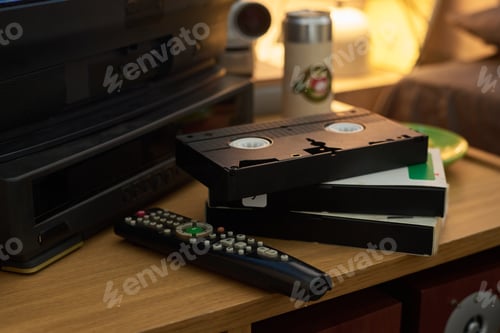Preview: Stacking Vintage VHS Tapes Near Remote Control On Wooden Table