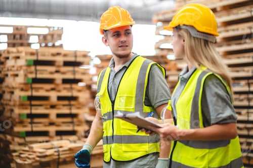 Preview: Man and woman workers with clipboard discussing working and checking stock inventory