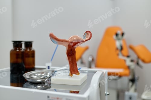 Preview: Gynecological examination kit and anatomical uterus model on table