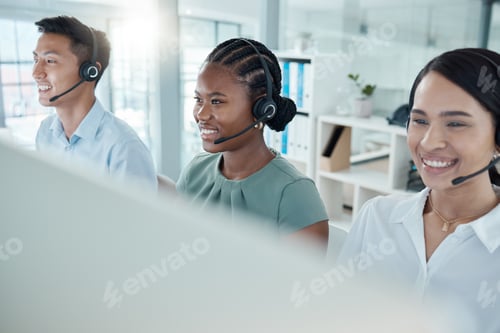 Preview: Call center, team and happy business people in office with headset and smile on face. Work, crm and