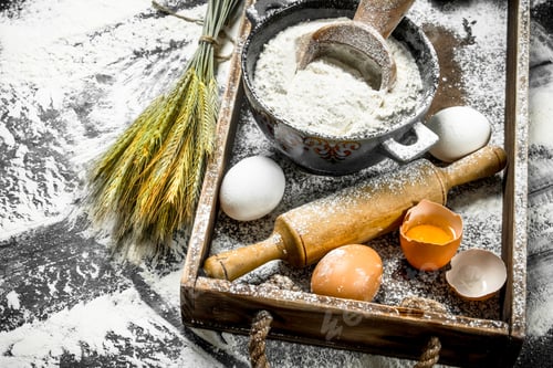 Preview: Dough backround. Flour with eggs and rolling pin.