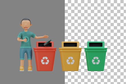 Preview: Little Kid Throwing Glass Waste into Recycle Bin 3D Illustration