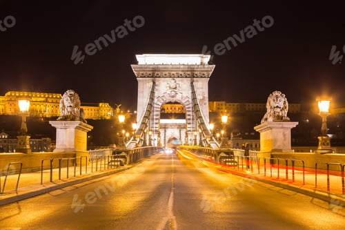 Preview: Nightshot on empty Szechenyi bridge, Danube river. Budapest city Hungary.