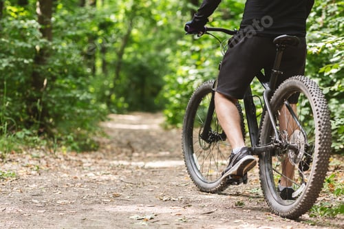 Preview: Legs of male cyclist riding bike by forest trail