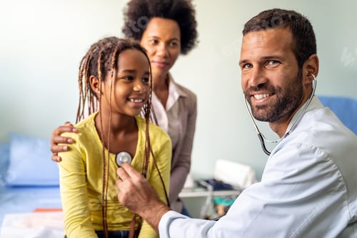 Preview: Pediatrician examining a little african girl at hospital. Healthcare, people concept