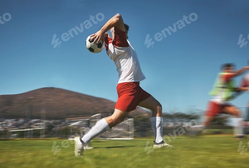 Preview: Training, man and soccer ball throw on soccer field during game or competition outdoor. Sports, fit