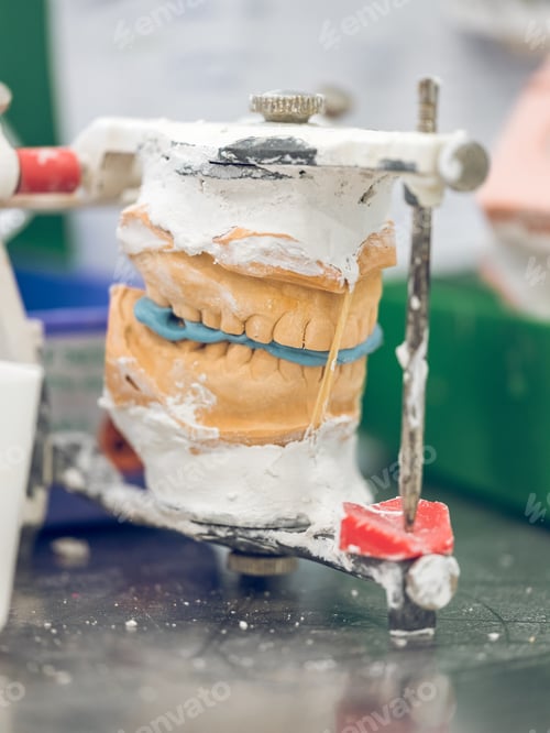 Preview: Gypsum casts of jaws fixed in apparatus for solidifying