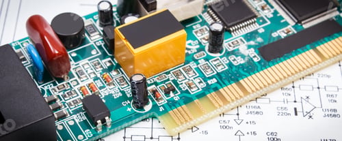 Preview: Circuit board with transistors, resistors, capacitor. Diagram of electronics