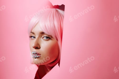 Preview: The face of a girl model with bright makeup looks into a hole in pink paper