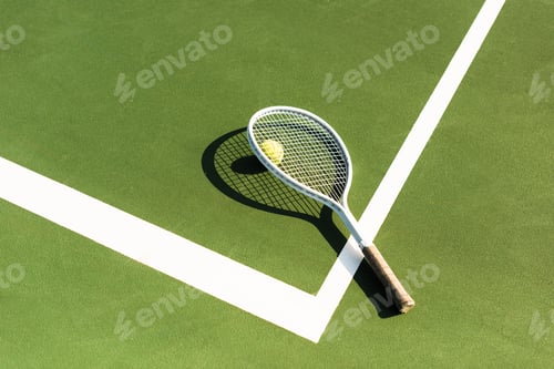 Preview: close up view of tennis racket and ball lying on green tennis court