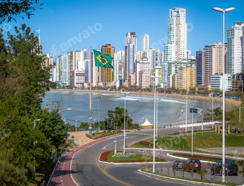 Preview: Balneario Camboriu city and brazilian flag - Balneario Camboriu, Santa Catarina, Brazil