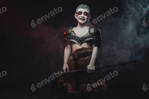 Preview: Creepy boy warrior with axe in armour in dark background