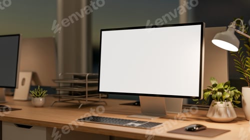 Preview: White screen computer with potted plant and desk lamp on wooden working table in dim lit office room