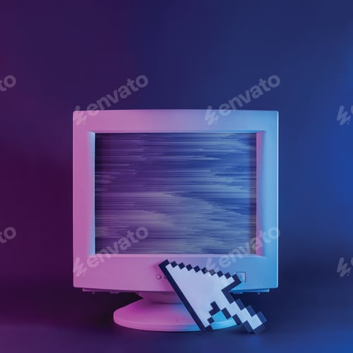 Preview: Retro computer monitor with glitch and pixel arrow mouse cursor on neon purple background