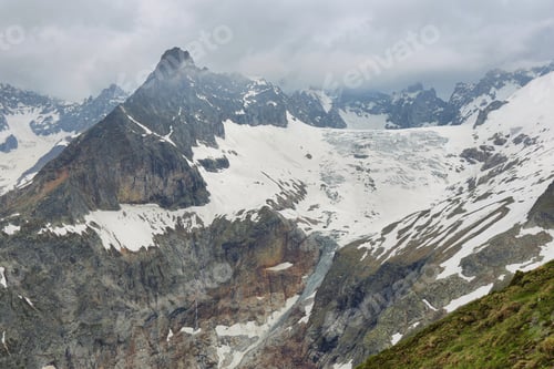 Preview: View of mountain peaks with glaciers in Val Ferret, Aosta valley, Italy
