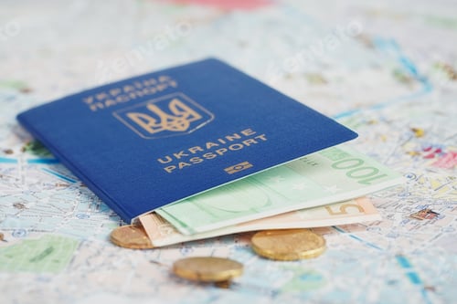 Preview: Ukrainian passport and money on map