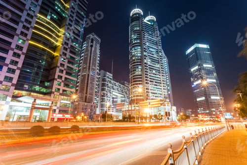 Preview: glow city road with modern buildings