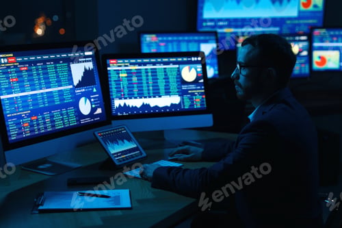 Preview: Financial trading specialist working in office at night