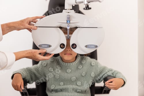 Preview: Girl, Ophthalmologist and eye test in an exam in clinic for medical check. Female optician or optom
