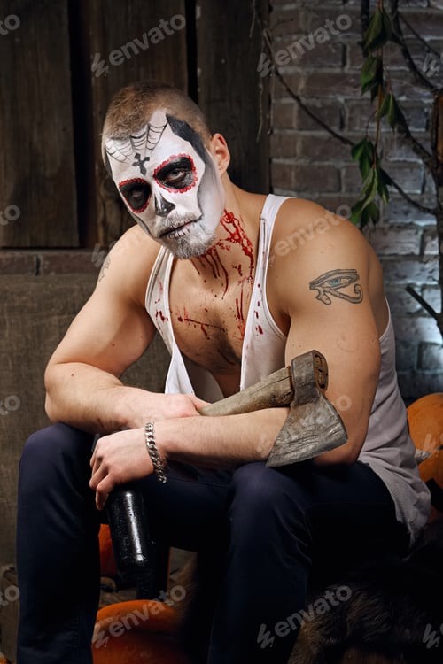 Preview: Male sugar skull makeup. Face painting art.