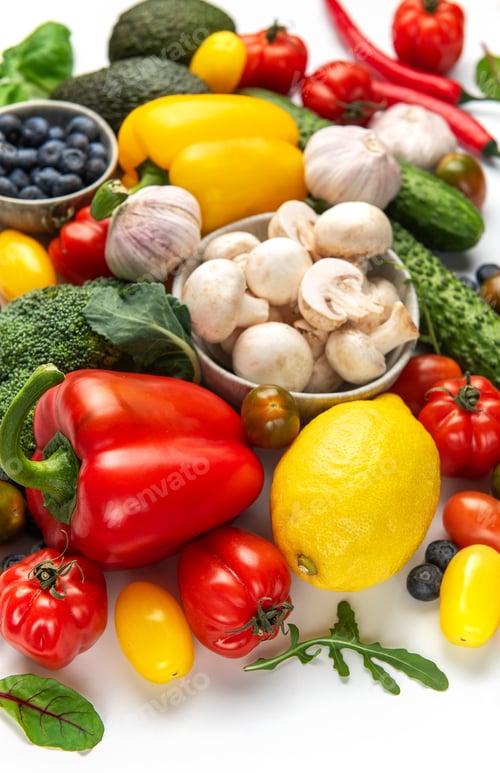 Preview: Fresh organic fruits and vegetables creating healthy food background