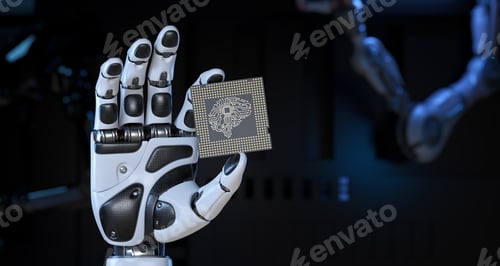 Preview: Robot's Hand Holding an Artificial Intelligence Computer Processor Unit