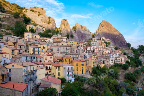 Preview: A breathtaking view of Castelmezzano, Italy, nestled among stunning rocky landscapes at sunset