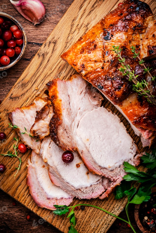 Preview: Baked festive pork butt or ham with herbs, spices and cranberries for sauce, served on board