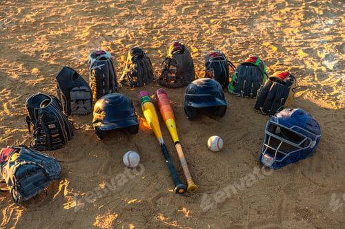 Preview: Baseball team equipment resting on sand field