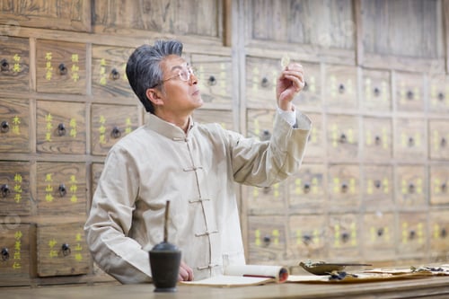 Senior Chinese doctor checking medicinal herbs