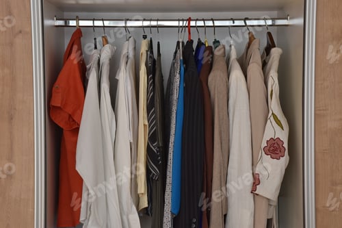 Preview: Neatly Organized Clothing Hanging in a Wooden Closet