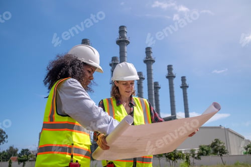 Preview: Engineers wearing safety gear, including hard hats examining survey a large blueprint tablet standin