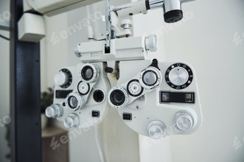 Preview: Phoropter standing in the office. Ophthalmologist devices in the beautiful white room