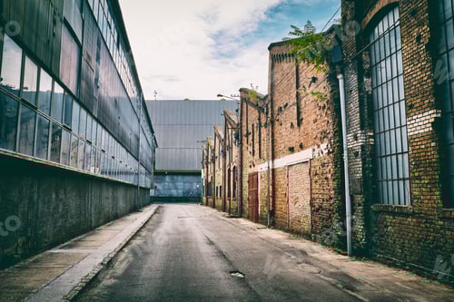 Preview: Desolate Urban Street with Brick Buildings and Graffiti