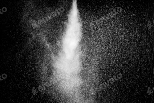 Preview: Stream of white curly steam with water drops. Sprayed water. Splashes and drops of water