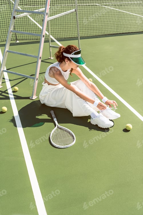 Preview: young woman in stylish white clothing and cap tying shoelaces on tennis court with racket and balls