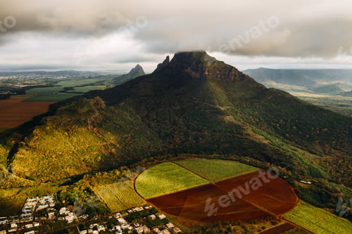 Preview: Aerial view of mountains and fields in Mauritius island