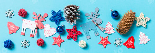 Preview: Banner top view of New Year toys and decorations on blue background. Christmas