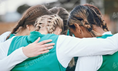 Preview: Hug, sports women or team in huddle with support, solidarity or plan for a hockey training game. Gr
