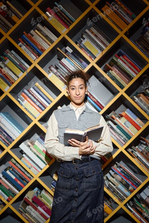 Preview: Portrait of Young Adult Woman Reading Book in Library Setting