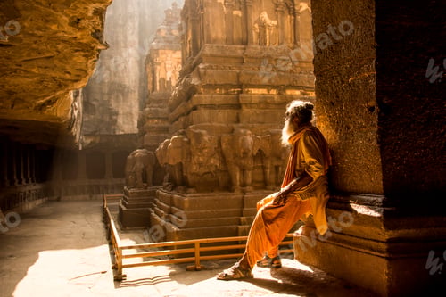 Preview: Hindu Sadhu the holy men visiting the Kailasa Temple, Ellora caves, UNESCO world heritage side.
