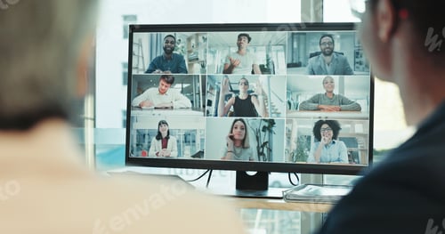 Preview: Video call, computer screen and online meeting with business people in office for monitor, contact