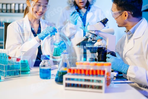 Preview: Scientist team with tablet and laptop, laboratory and ecofriendly science. Agriculture, research