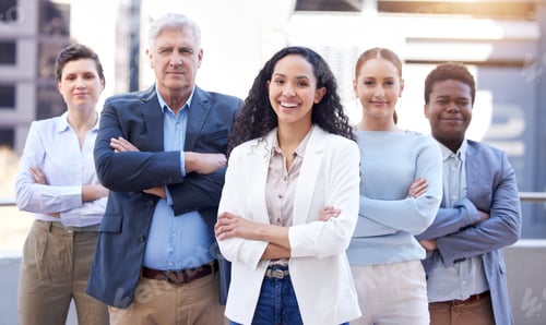 Preview: Portrait, outdoor and business people with arms crossed, group and smile with management and leader